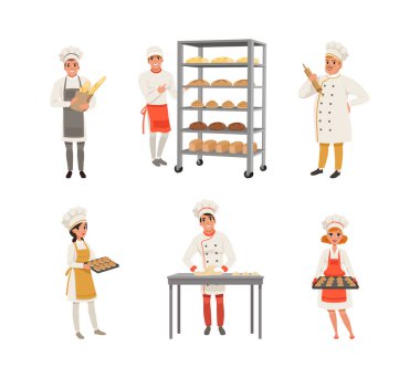 Ekmek ve hamur işi pişiren profesyonel fırıncılar. Fırın çalışanları tepsileri taze pişmiş ekmek ve çörekler ile bembeyaz üzerine izole edilmiş vektör çizimleri tutuyorlar.