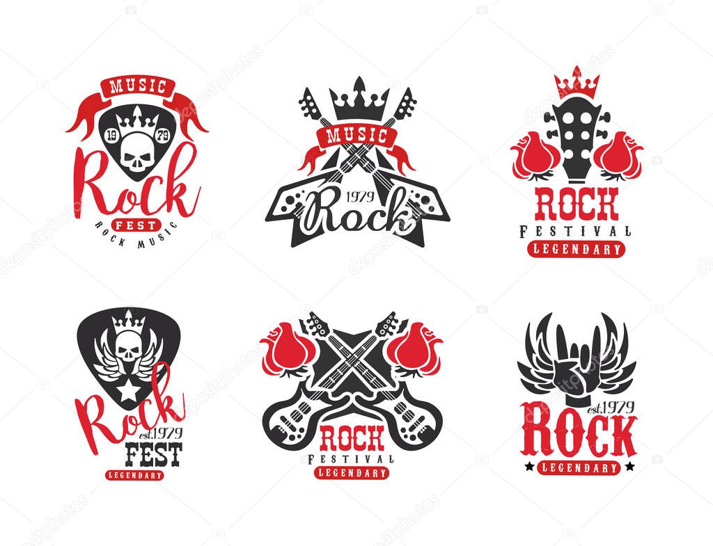 Music rockfest vintage labels set. Rock festival club retro logo design vector illustration isolated on white