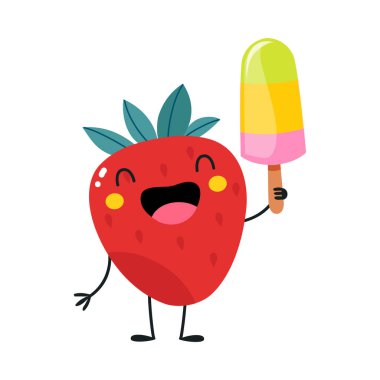 Yaz Meyvesi Karakteri rolünde Kırmızı Çilek Dondurma Tutma Tatilin ve Eğlenceli Vektör Resimlerinin keyfini çıkarıyor. Yaz mevsiminde tatlı ve sulu yemekler