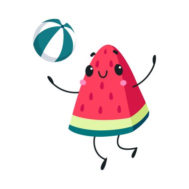 Komik Karpuz Karakteri Sahilde Top Oynuyor Yaz Tatil Vektörü İllüstrasyonunda Eğleniyor. Şirin Meyve Suyu Keyifli Yaz Zamanı