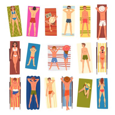 İnsanlar, Sandy Beach 'te Güneşlenirken Sıcak Yaz Vector setinin tadını çıkarıyorlar. Genç Adam ve Kadın Deniz Kenarı Kavramında Rahatlıyor