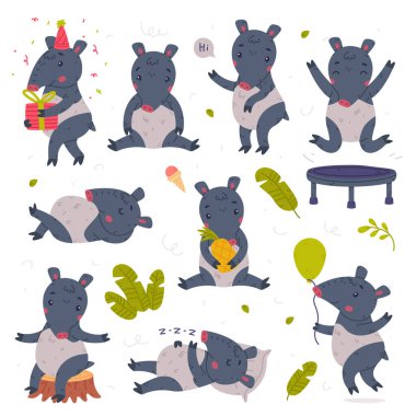 Proboscis 'li şirin Tapir Hayvanı Farklı Etkinlik Vektörü Seti' nde. Toynaklı Parmaklı Komik Memeli Eğleniyor