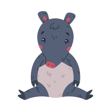 Hortumlu şirin Gri Tapir Hayvanı Üzgün Yüz Vektör İllüzyonuyla Oturuyor. Toynaklı Parmaklı Komik Memeli