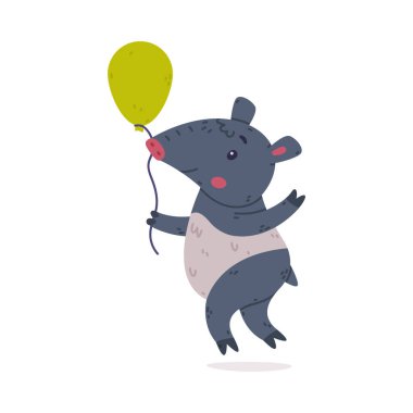Yeşil Oyuncak Balon Vektör İllüstrasyonlu Şirin Gri Tapir Hayvanı. Toynaklı Parmaklı Komik Memeli