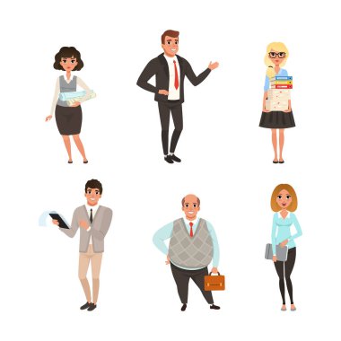 Bir grup iş adamı. Ofis çalışanları ve resmi çalışanlar beyaz üzerine izole edilmiş karikatür vektör çizimleri giyerler.
