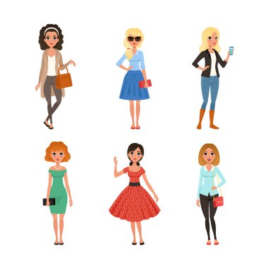 Farklı modaya uygun giyinmiş genç bir kadın vektör illüstrasyonunu beyaza izole etti