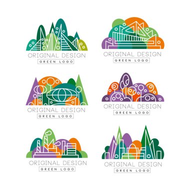 Yeşil logo orijinal tasarım seti. Şehir manzarası soyut rozetler vektör illüstrasyonları beyaza izole edilmiş