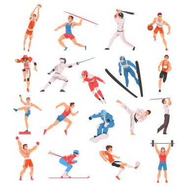 Profesyonel Erkek Sporcu ve Sporcu Spor Eylem Eğitimi Vücut Büyük Vektör Kümesi 'nde. Genç Erkek Sportif Disiplin Konsepti