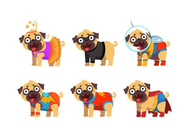 Funny Pug Dog in Colorful Costumes Vector Set. Cute Domestic Pet Sticking out Tongue Wearing Comic Apparel Concept clipart