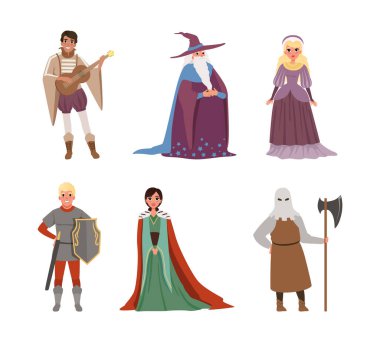 Bard, Wizard, Queen ve Executioner in Maske Vektörü Illustration Set ile Ortaçağ Halkı Karakterleri. Avrupa Tarihi Dönemi Konsepti Olarak Orta Çağdan Erkek ve Kadın