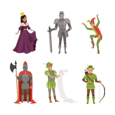 Kraliçe ile Ortaçağ Halkı Karakterleri, Zırhlı Şövalye, Jester, Archer ve Herald Vector Illustration Set. Avrupa Tarihi Dönemi Konsepti Olarak Orta Çağdan Erkek ve Kadın