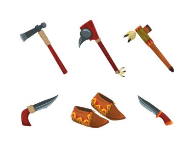 Yerli Yerli Yerli Yerli Vektör Kümesinin Otantik Malzemeleri ve Aletleri. Balta, Tomahawk, Ayakkabı ve Bıçak Kavramlı Kabile ve Yerli Sembolleri