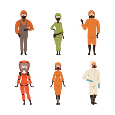 Man and Woman Wearing Protective Uniform with Breathing Gas Mask Vector Set. Male and Female in Emergency Outfit or Hazardous Materials Suit as Personal Protective Equipment Concept clipart