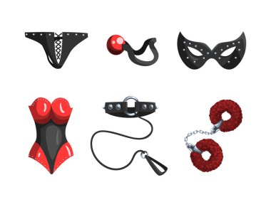 Deri yakalı, maskeli, korseli ve bileklikli BDSM Erotik Oyuncaklar. Sadomazoşizm ve Hakimiyet Uygulamalarıyla Roleplaying
