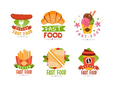 Fast Food Typographic Logosu veya Etiket Tasarım Vektör Seti. Restoran için Sokak ve Atıştırmalık Yiyecek Rozeti