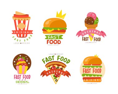 Fast Food Typographic Logosu veya Etiket Tasarım Vektör Seti. Restoran için Sokak ve Atıştırmalık Yiyecek Rozeti