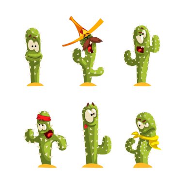 Şirin Yeşil Kaktüs Kum Tarlasında Yüzü İfade Vektörü Seti ile Komik Dikenli Bitki Olarak Büyüyor. Komik Egzotik Dikenli Botanik