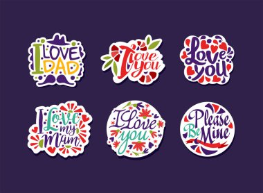 Çiçek vektörü setiyle Harfli Çıkartma ve Rozetler 'i seviyorum. Hassas Duygu Mesajı Olarak Tipografik Alıntılı Etiketler