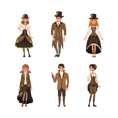 Steampunk People Karakteri, Cogwheel Vector Set 'li Retro Stylish Suits ve Giyim Giyimi Giyiyor. Genç adam ve kadın Vites ile Vintage Giyinmişler