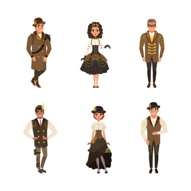 Steampunk People Karakteri, Cogwheel Vector Set 'li Retro Stylish Suits ve Giyim Giyimi Giyiyor. Genç adam ve kadın Vites ile Vintage Giyinmişler