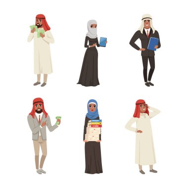 Şirket Vektör Kümesinde çalışan Arap Adam ve Kadın Girişimci. Genç Müslüman Erkek ve Kadın Başörtüsü ve Geleneksel Giysiler Mesleki Mesleğe Bağlandı
