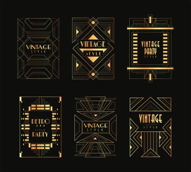 Art Deco Vintage ve Retro Golden Line Frame ve Emblem Black Vector Set 'de izole edildi. Metin ile Geometrik Lüks Özet Kenarlığı