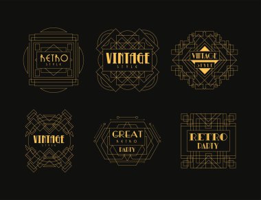 Art Deco Vintage ve Retro Golden Line Frame ve Emblem Black Vector Set 'de izole edildi. Metin ile Geometrik Lüks Özet Kenarlığı