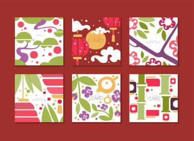 Çiçekli Doğu Süsleme Şablonu ile Çin Kartları Tasarımı. Çiçekli Asya Festivali Kapağı