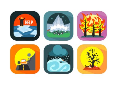 Doğal Afet veya Tehlike ve Felaket Avalanche, Kuraklık, Heyelan, Vahşi Ateş, Buzul Erimesi ve Buz Fırtınası Vektör Kümesi. Yıkıcı Hava Durumu