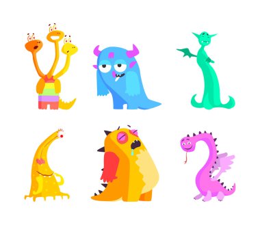 Boynuzlu ve Kanatlı Çizgi Film Canavarları Gülümseyen ve Dostane Burun Vektörü Set. Komik Renkli Fantastik Yaratık ve Yaratık