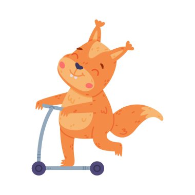 Kıllı Kuyruklu Komik Sincap Karakteri Scooter Vektör İllüzyonu. Şirin Orman Kürklü memeli ve sevimli burunlu