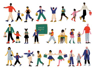 Öğrenciler ve öğrenciler, annem ve babamdan ders alıyorlar ve onları Büyük Seçmen Seti 'ne getiriyorlar. Okul Konsepti Satchel Walking with School Concept ile Genç Kız ve Oğlan