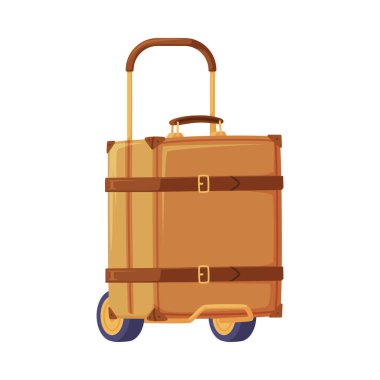Seyyar Vektör İllüstrasyonu için paketlenmiş bavullu kahverengi deri seyahat valizi. Seyahat ve Macera Turist Bagajı Konsepti