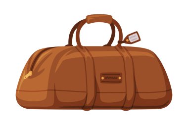 Seyahat Vektörü İllüstrasyonu için paketlenmiş bavul olarak kahverengi deri çanta ve fermuarlı seyahat çantası. Seyahat ve Macera Turist Bagajı Konsepti