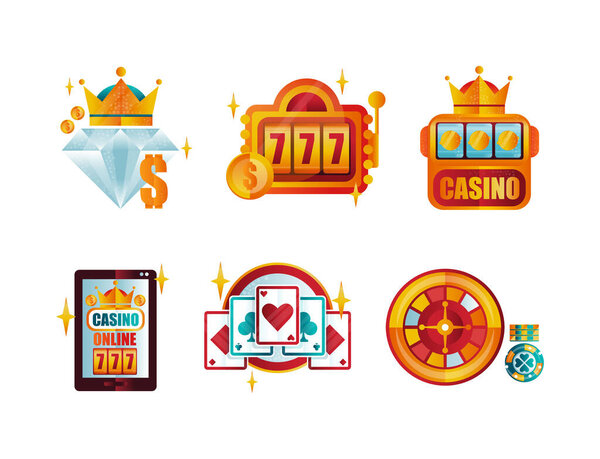 Казино и Vegas Gambling с векторным набором игральных карт, бриллиантов и жетонов. Красочная игра и слоны джекпота