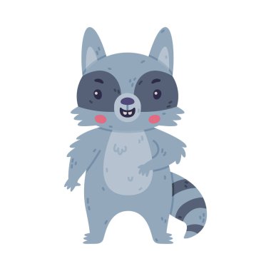 Çizgili Kuyruklu Komik Rakun Hayvan Karakteri ve Gülen Vektör İllüstrasyonu. Şirin Orman Meraklı Memeliler Konsepti