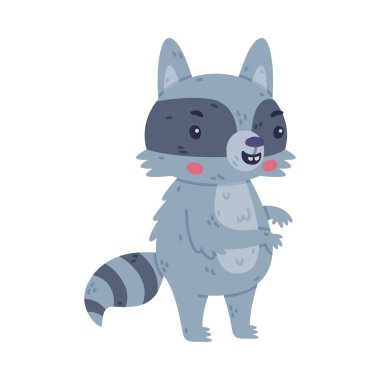 Çizgili Kuyruklu Komik Rakun Hayvan Karakteri ve Gülen Vektör İllüstrasyonu. Şirin Orman Meraklı Memeliler Konsepti