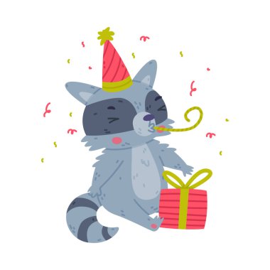 Doğum günü şapkalı çizgili kuyruklu komik rakun hayvan karakteri hediye kutusu üfleme düdük vektörü illüstrasyonlu. Şirin Orman Meraklı Memeliler Konsepti