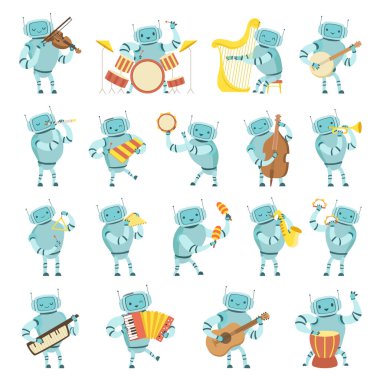 Robot Müzisyen Sahne Büyük Vektör Seti 'nde Müzik Enstrümanı Çalıyor. Comic Machine Davul ve Klavye Konserini Gösteriyor