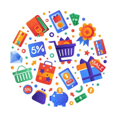 Düz ve Renkli Simge Vektör Şablonu ile Satış ve Alışveriş Çemberi Düzenlemesi. Pazarlama ve E-ticaret kavramı