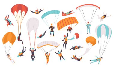 Paraşüt ve Paragliding Big Vector Set ile Paraşütle Atlayan Adam Karakteri. Heyecanlı Erkek İniş Ekstrem Spor Aktivitesine Bağlandı