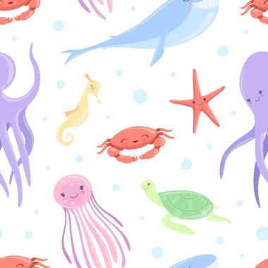 Şirin Deniz Hayvanı ve Sualtı Memelisi Okyanus Vektörü Şablonu 'nda Yüzüyor. Suda Yüzen Deniz Yaratığı