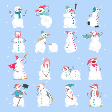 Elleri ve bacakları farklı etkinlik vektörlerine bağlı olan Kardan Adam Karakteri. Kış Mevsimi Heykeli Eğleniyor