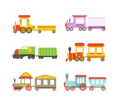Oyuncak Renkli Tren ya da Lokomotif, Wagon Vector seti olan bir Demiryolu Nakliye Aracı. Demiryolu Oyun Konsepti için Çocuksu Motor Modeli