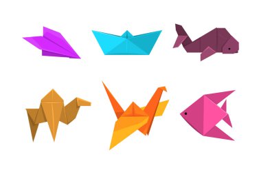 Origami ya da Kağıt Katlama Heykel ve Düz Kare Kağıt Vektör Seti 'nden yapılmış figürler. Katlanmış Geometrik Modeller Kavramı