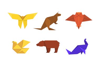 Origami ya da Kağıt Katlama Heykel ve Düz Kare Kağıt Vektör Seti 'nden yapılmış figürler. Katlanmış Geometrik Modeller Kavramı