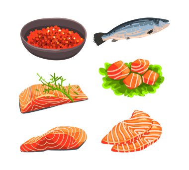 Taze somon balığı havyarı ve fileto fileto deniz ürünleri vektör seti olarak. Proteinli Turuncu Yağ Balığı ve Omega-3 Yağlı Aslar Sağlıklı Beslenme Konsepti