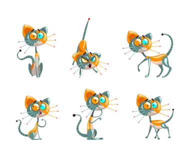 Cute Robotic Cat with Metal Tail and Whiskers Sitting and Walking Vector Set. Funny Domestic Robot Animal as Cyborg Creature Concept clipart