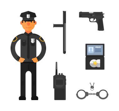 Polis Karakteri Truncheon, Pistol, Kimlik Belgesi ve Kelepçe Vector Set gibi ekipmanlarla. Emniyet Teşkilatı Görevlisi