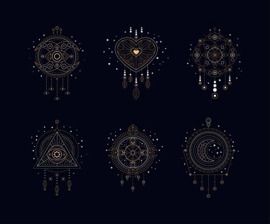Siyah Arkaplan Vektör Kümesinde Altın Çizgi 'de Rüya Yakalayıcı Gözüyle Kutsal Geometrik Semboller. Soyut Gizemli İşaret Koleksiyonu